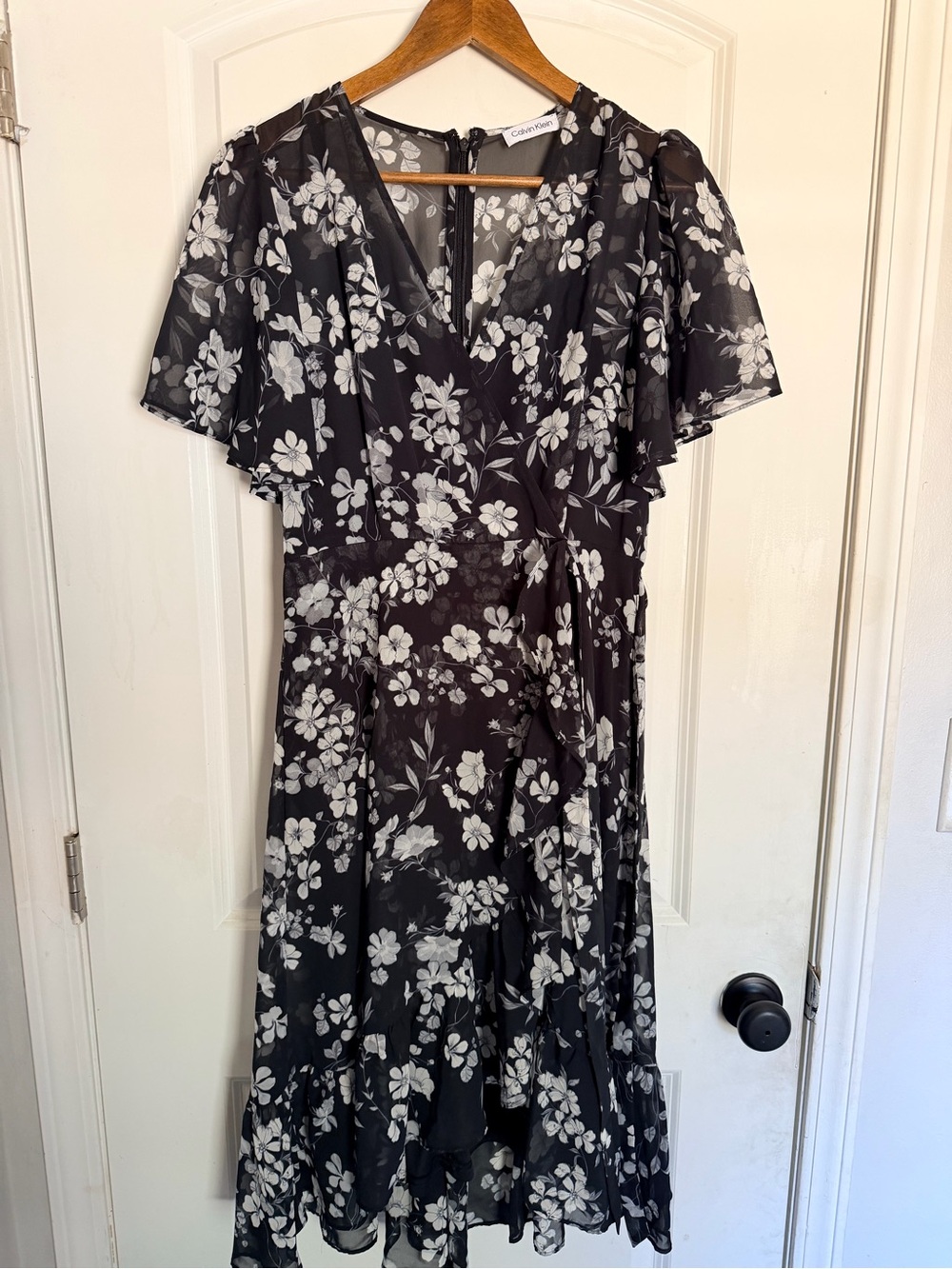Calvin Klein Black and White Floral Wrap Midi Dress